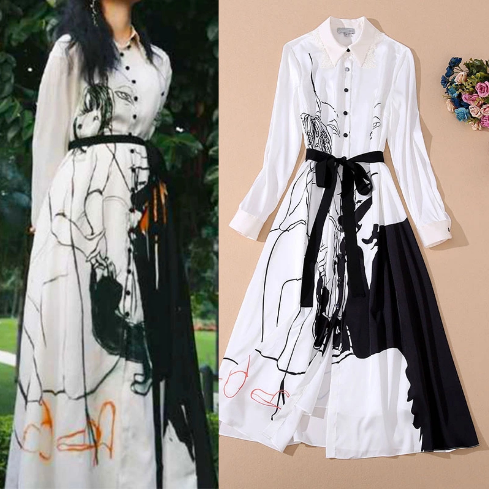 

High-quality catwalk dress shirt style graffiti print lace big hem, As picture