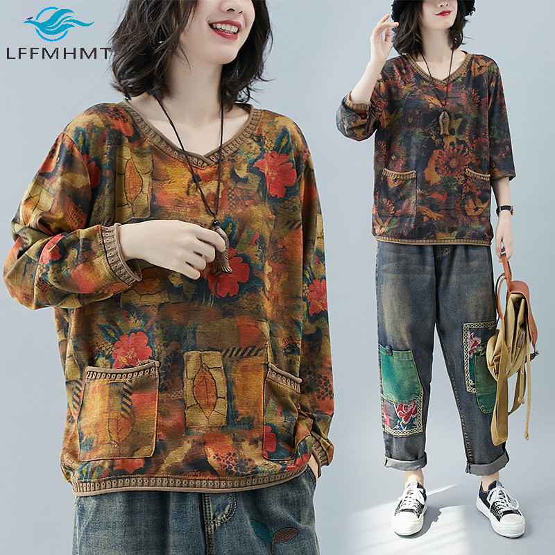 

Women Winter Fall Folk Vintage Traditional Floral Print Pullovers Long Sleeve V-Neck Knitted Cozy Sweater Lady Retro Casual Tops, Coffee