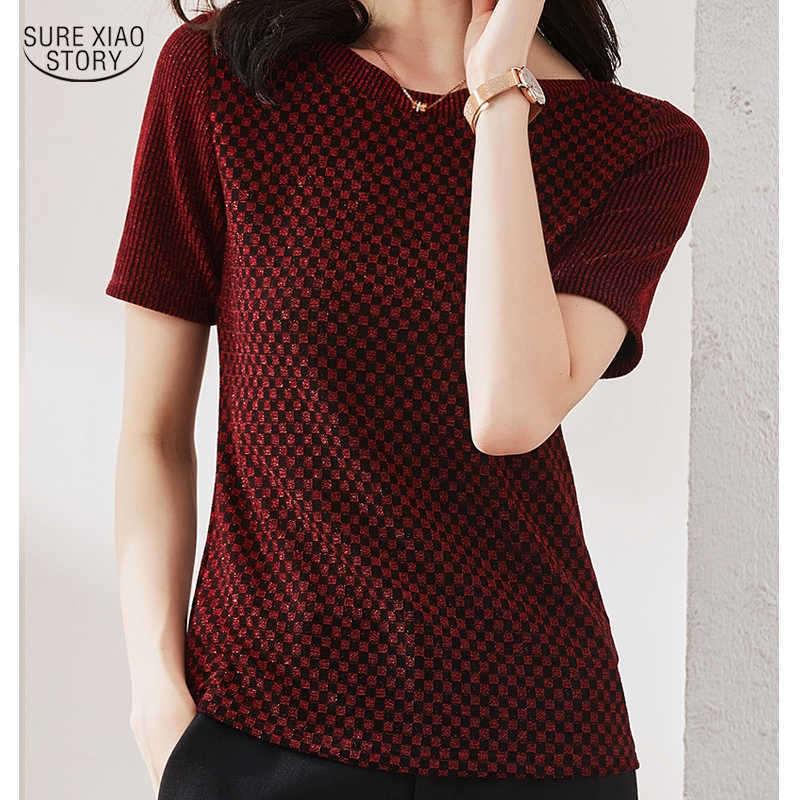 

Short Sleeve Gold and Silver Ladies Tops Summer Clothes Shirt Women O Neck Slim Wild Knitted Blouse for Women 9444 210527, Black