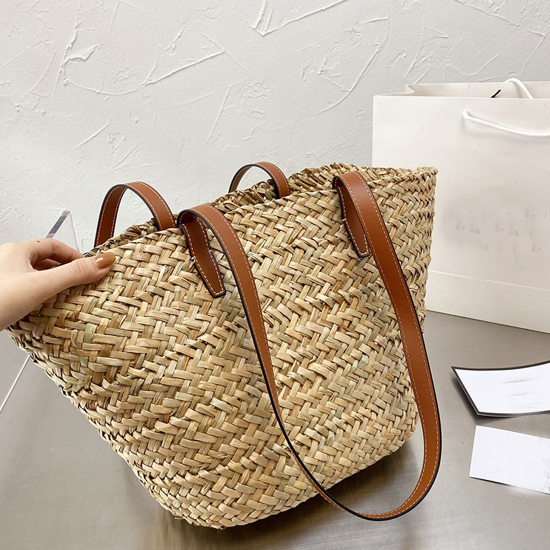 

Woven Bag Basket Handbag Shoulder Bags Raffi Fiber Handcraft Weave Handbags Genuine Leather Strap Totes Fashion Letter Holiday Style