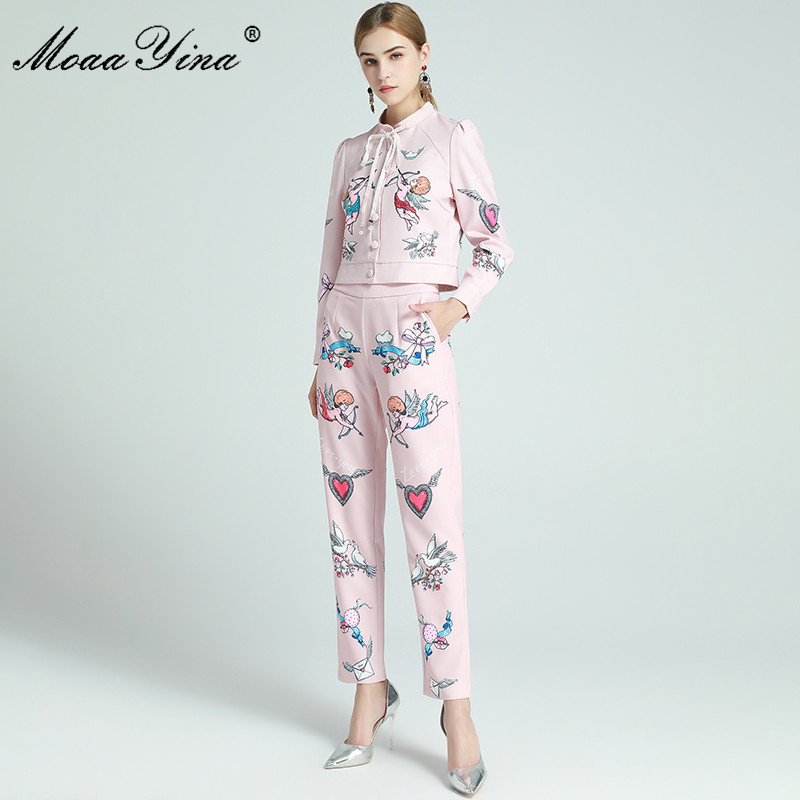 

Fashion Designer Set Spring Autumn Women's Long sleeve Cupid Romantic love Print Jacket Tops+Trousers Two-piece set 210524, Pink