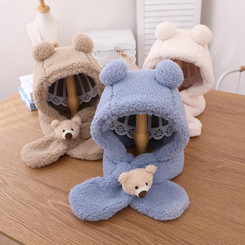 

Caps & Hats Winter Cartoon Bear Imitation Cashmere Hat Scarf One Piece Kids Plush Cap For Girls Boys Lamb Velvet Bonnet, Yellow