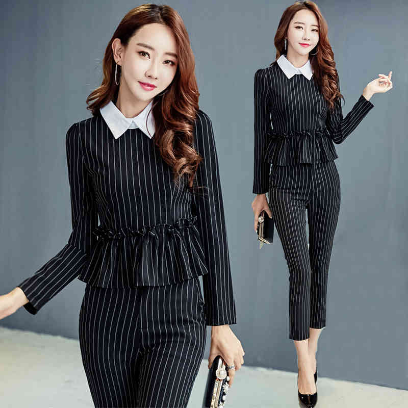 

Han edition falbala bump fashion color stripe of cultivate one' morality show thin lapels chic twinset coat pants 210429, Black