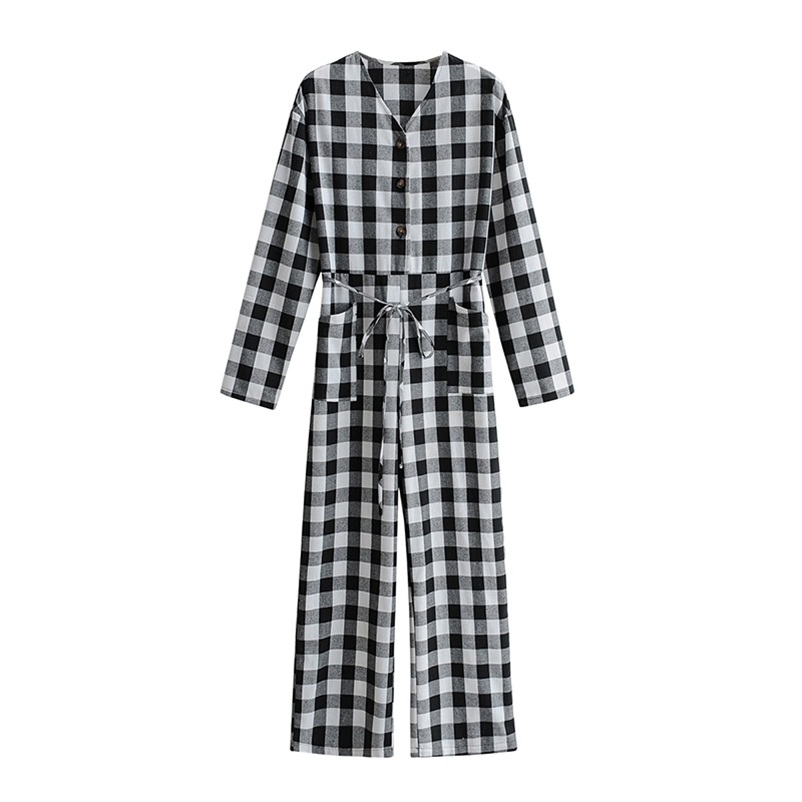 

Summer Women' Plaid Jumpsuits Cotton Casual Long Pants High Waist V-Neck Sleeve Clothing Size L 210524, Black