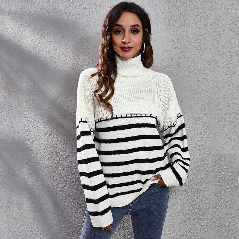 

Women's Sweaters Oversized Striped Women Turtleneck Patchwork Loose Knit Jumper 2022 Autumn Winter Long Sleeve Warm Top, White;black