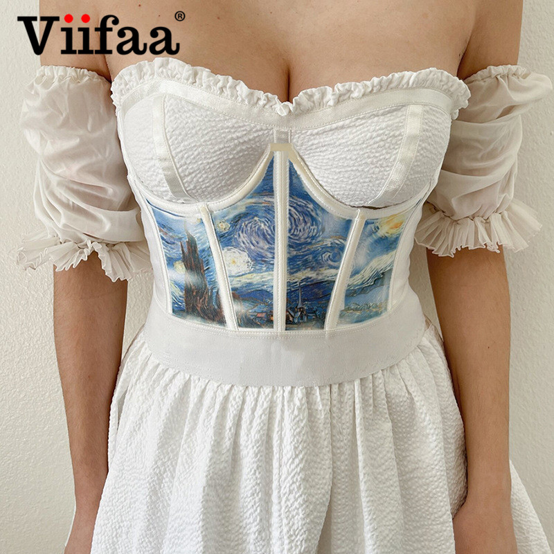 

Viifaa Multicolor Print Satin Underbust Corset with Bone Vintage Breast port Women Summer Fashion Streetwear Slim Corsetshigh quality, Green
