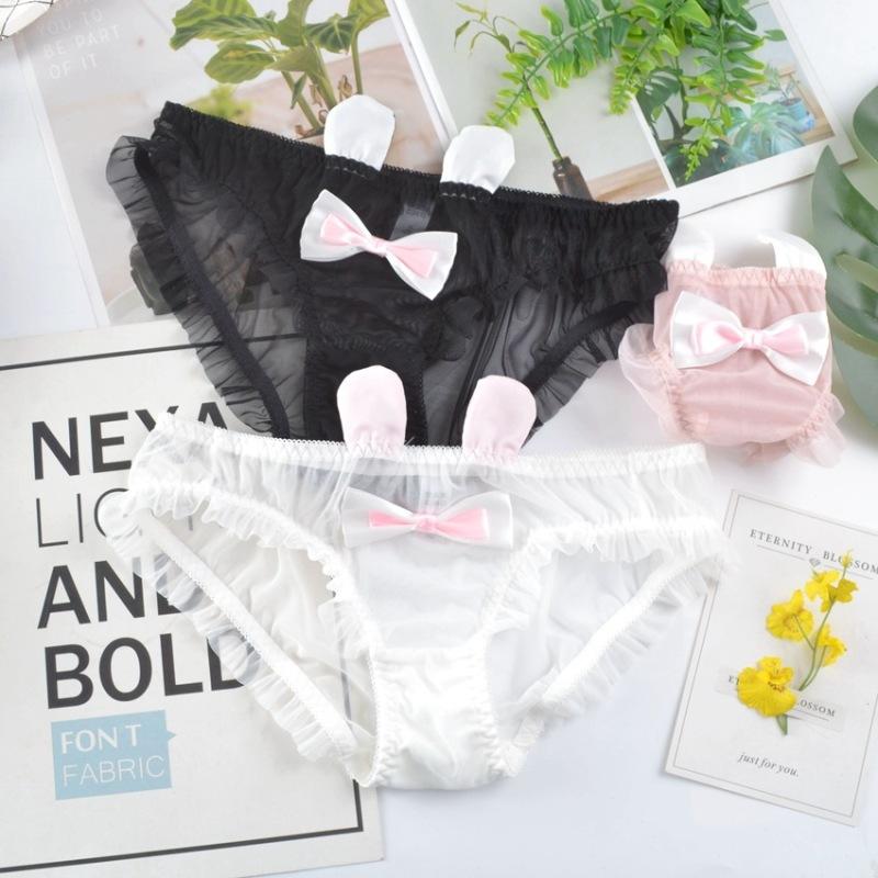

Women's Panties Sexy Lace Mesh Hollow Transparent Japanese Style Cute Lovely Sweety Underwear Lolita Cosplay Girls Ears Breifs, Pink
