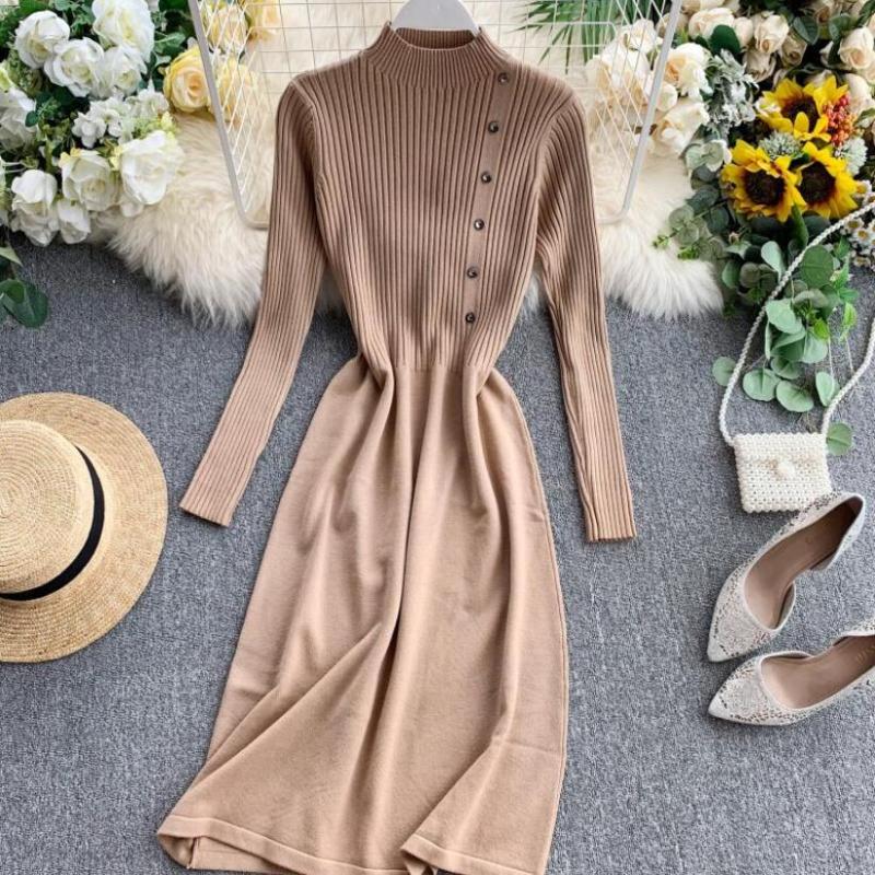 

Casual Dresses Spring Autumn Winter Sweater Dress Women Knitted Korean Elegant Female Buttons Long Sleeve Ladies Vestidos JW5061, As picture