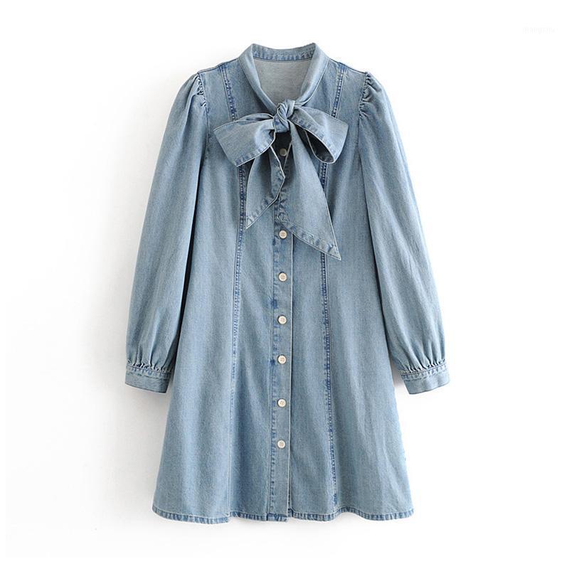 

Casual Dresses Women Fashion A Line Denim Mini Dress 2021 Ladies Bow Tie Collar Chic Party Puff Long Sleeve High Street Button Up, Blue
