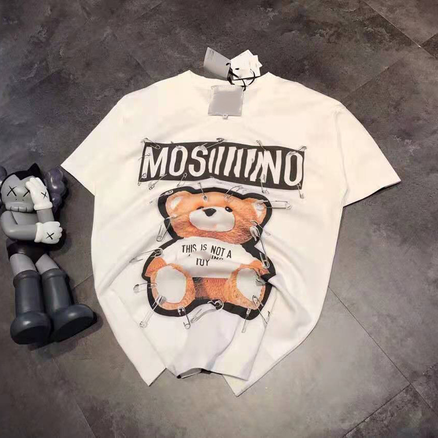 

Fashion brand MOS family spring and summer new digital printing paper clip bear sweet age reduction round neck t-shirt female, White;black