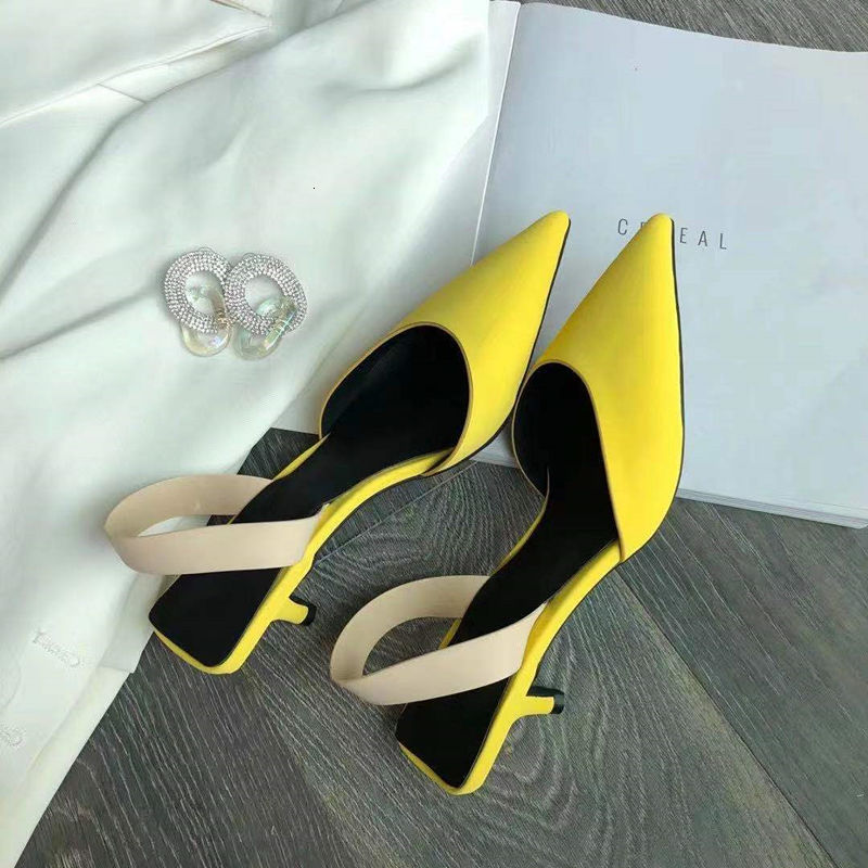 

Sandals spring candy color pointed thin heel medium single shoes rainbow high back empty women's sandals half Trailer D77F, 1# shoe box