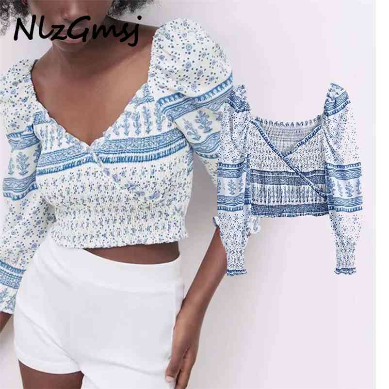 

Nlzgmsj Women Ruched Print Cropped Blouse Long Sleeve Smocked Elastic Vintage Summer Top Female Pleated Blue Shirt 04 210628, As picture