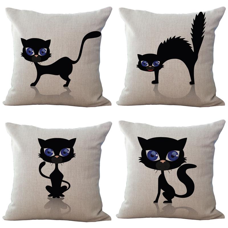 

Linen Pillow Cover Black White Hand Painting Cute Cat Kitchen Chair Cushion Home Decorative Case Cushion/Decorative