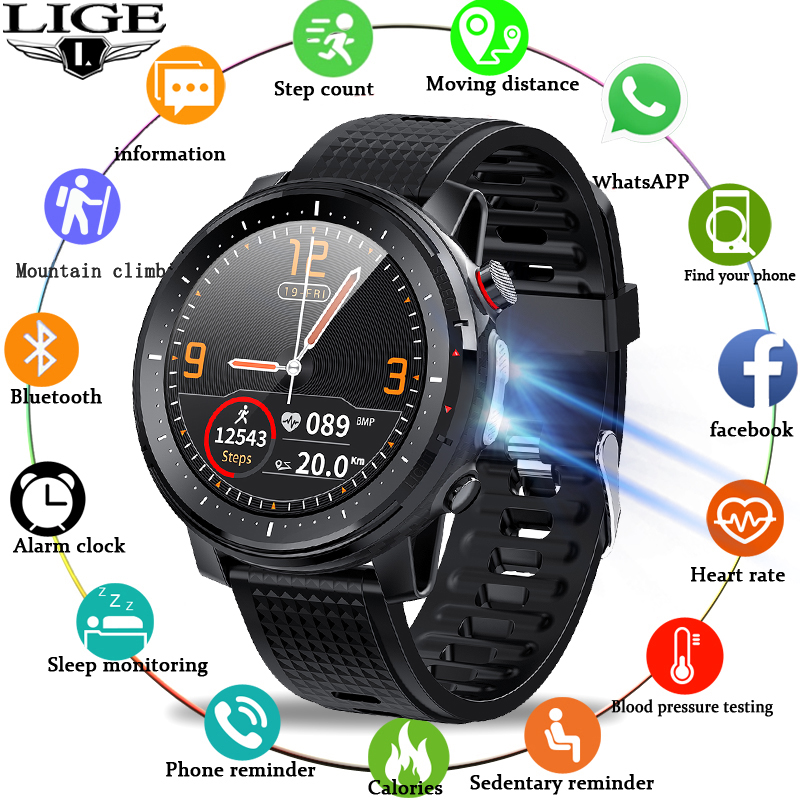 

2021 LIGE IP68 Waterproof Smart Watch Men ECG Heart Rate Blood Pressure Monitor LED Flashlight Sports Fitness Tracker smartwatchg, Black