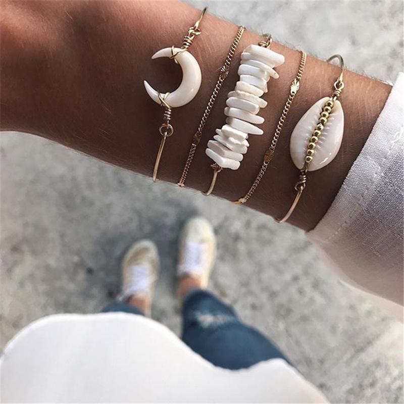 

Charm Bracelets 5/piece Set Fashion Female Bracelet Gold Moon Shell Beads Simple Chain Jewelry Gift Summer