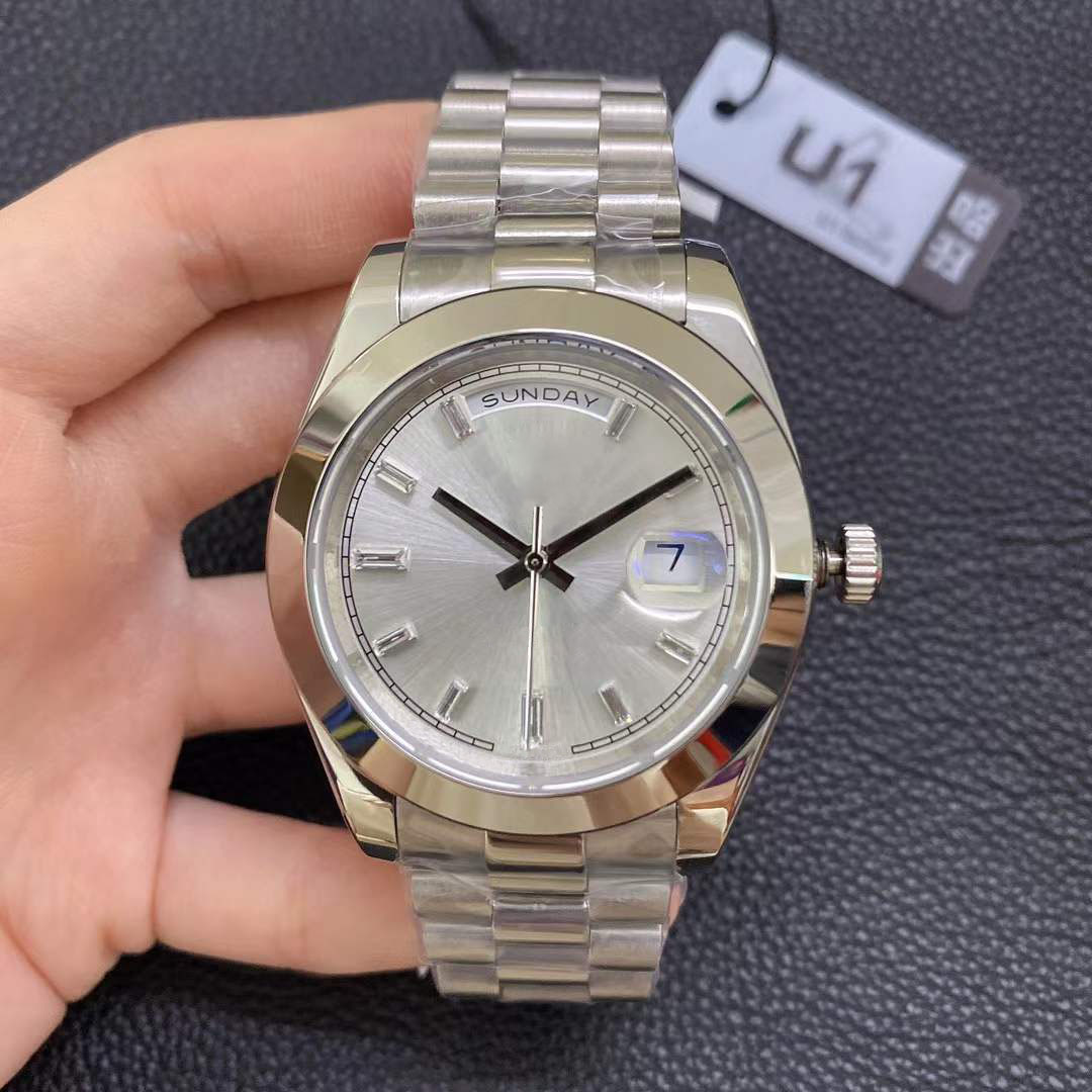 

U1 Factory Steel Watches Day Date 40MM Diamond Set White Dial Smooth Bezel Ice Automatic Mechanical Movement Sapphire Glass President Stainless Mens Wristwatches, No watch for shipping service