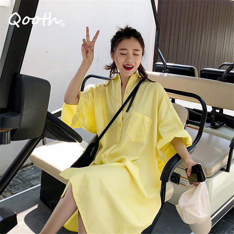 

Qooth Oversized Polo-Neck Single Breasted Sunscreen Shirt Spring Summer Loose Causal Shirt 3XL Half Length Sleeve Shirt QT696 210518, Orange