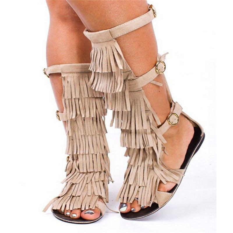 

Sandals Cut-outs Knee High Sandal Boots Woman Fashion Fringed Buckle Strappy Falt Gladiator Summrt, Black
