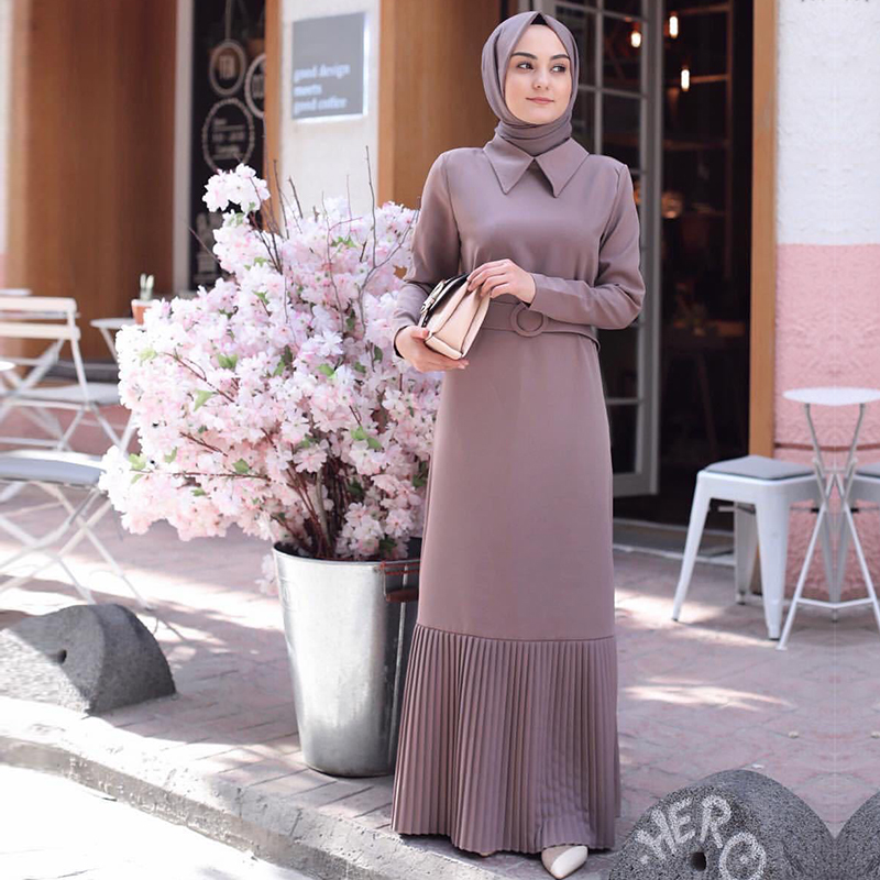 

Dubai Muslim Dress lapel Kaftan abaya Robe women pleated Hijab Dresses Outwear Tunic Middle East Arab Jubah Islamic Clothing