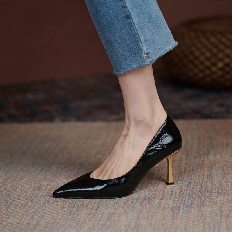 

Dress Shoes Office Ladies On Heels Spring Elegant Pointed Toe Women Pumps Genuine Leather High Good Quality Talons, Black