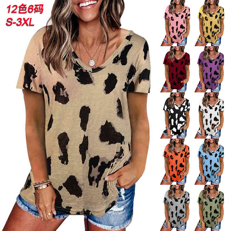 

womens t shirt leopard print loose fashion casual short sleeve t-shirt, White
