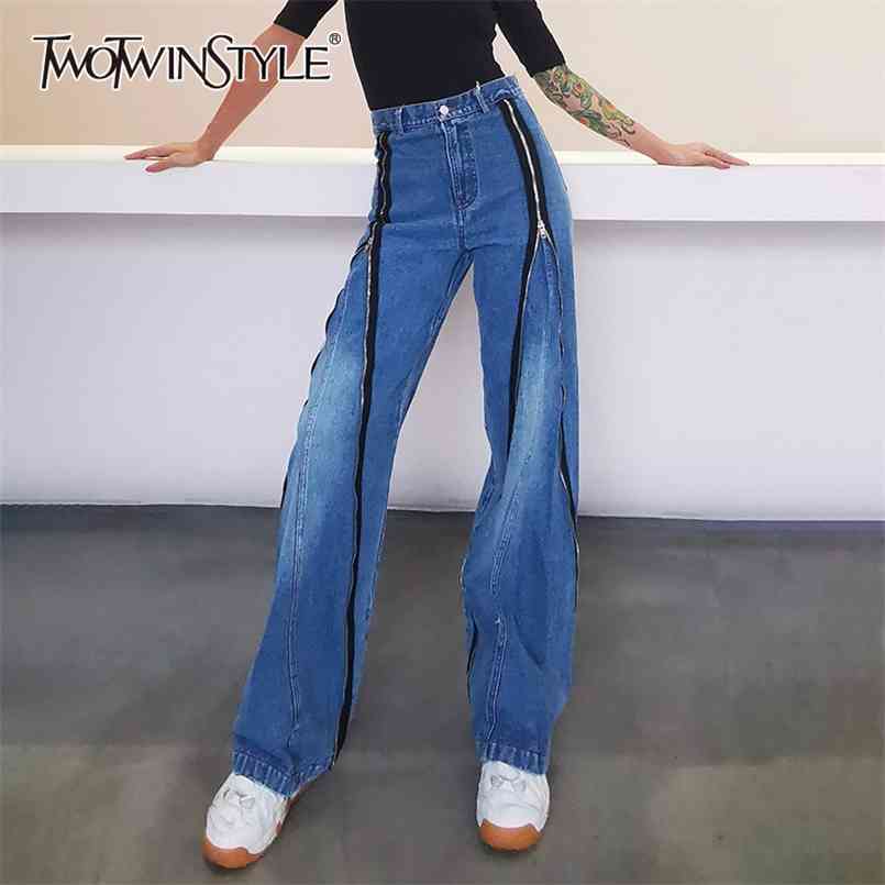 

Casual Patchwork Zipper Jeans For Women High Waist Straight Streetwear Wide Leg Pants Female Fall Fashion 210521, Blue