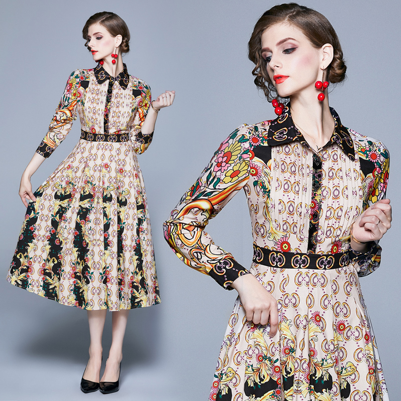 

Luxury Runway Printed Shirt Pleated Dress 2021 Ladies Designer Long Sleeve Lapel Autumn Winter Sexy Slim A-Line Dresses Office Holiday Prom, Black;gray