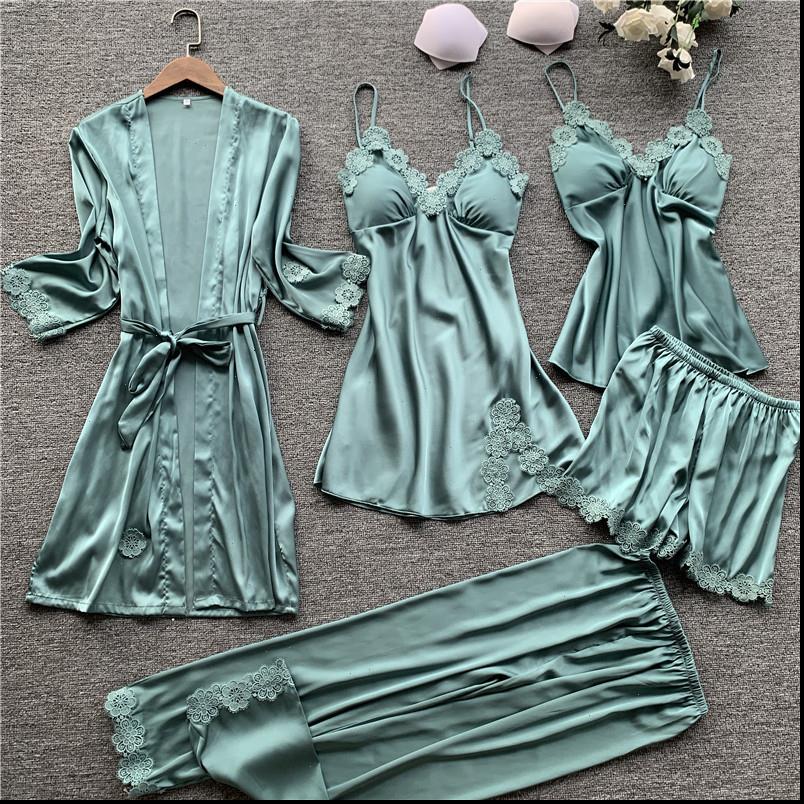 

Stain Lace Pajama Set 5 Womens Sleepwears Pieces Pajamas V Lead With Chest Pad Spaghetti Strap Pijama, Black;red