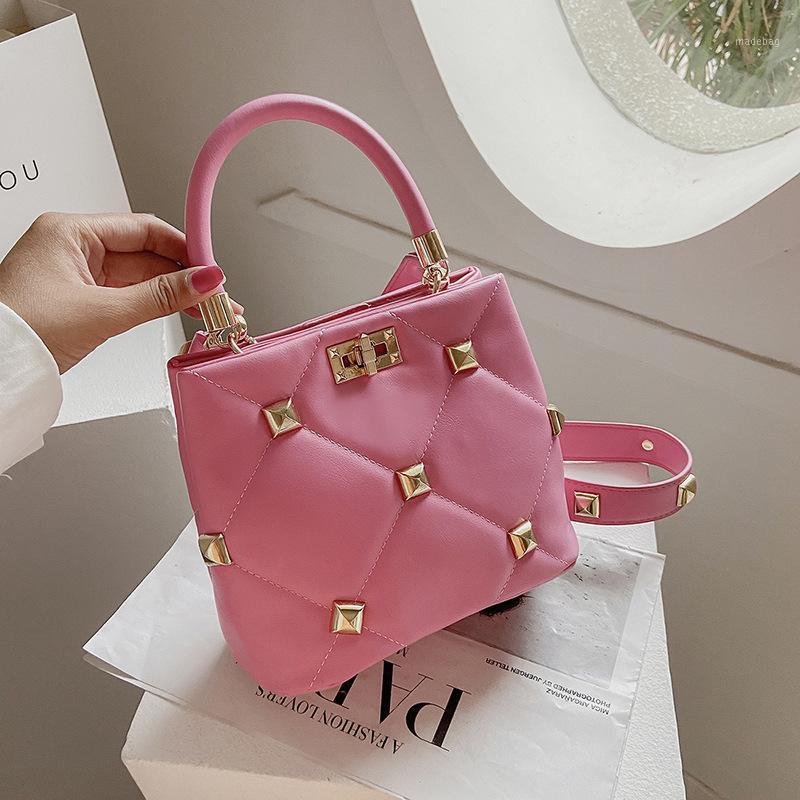 

Evening Bags 2021 Trendy Fashion Rivet Bucket Bag Large Capacity Ladies Summer Cat Messenger Female Net Red One-shoulder Handbag, White
