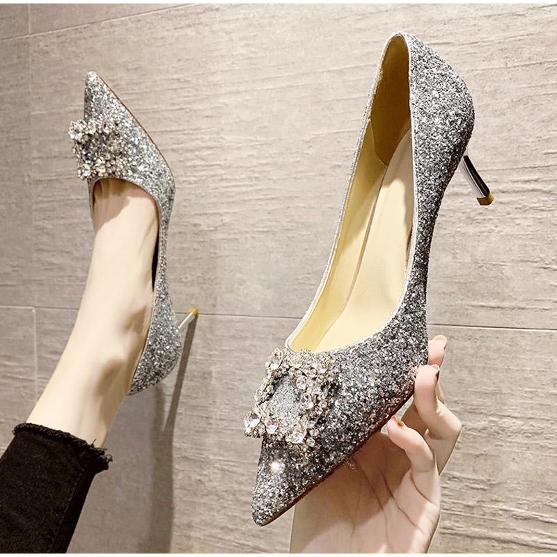 

Dress Shoes Women Thin High Heels 7cm Pumps Pointed Toe Fashion Rhinestone Crystal Females Weeding Shiny Golden Silver Party