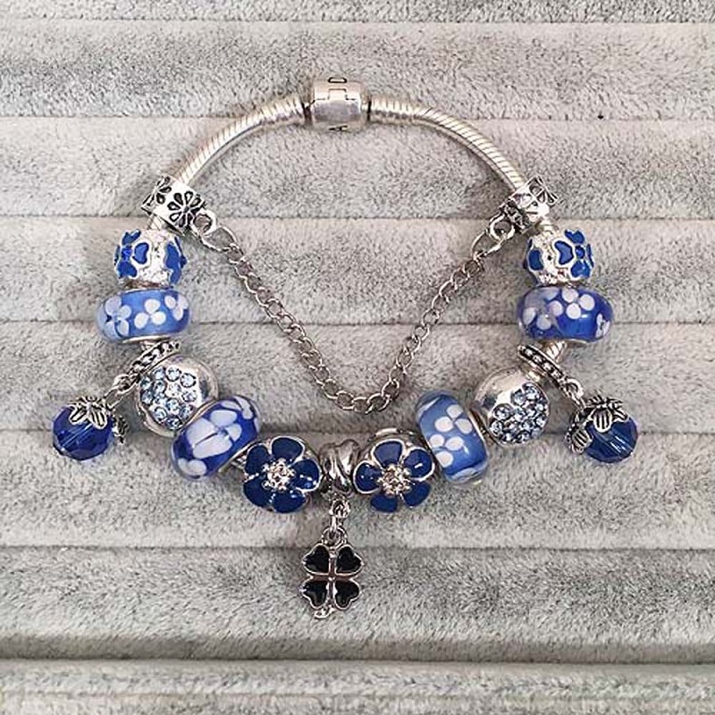 

Fashion 925 Sterling Silver Blue Murano Lampwork Glass & European Charm Beads Four Leave Clover Crystal Dangle Fits Pandora Charm Bracelets Necklace B8