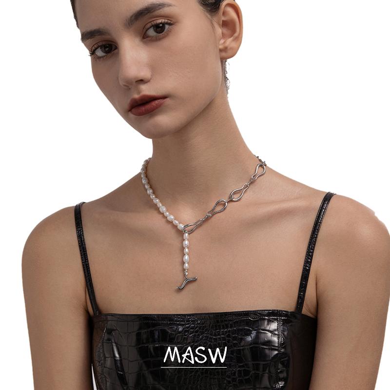 

Chains MASW Original Jewelry Natural Freshwater Pearls Necklace One Layer Silvery Plating Geometric Metal Choker For Women