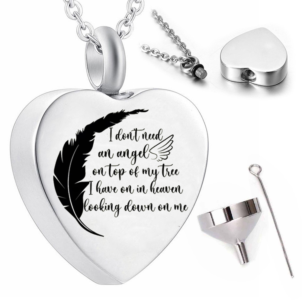 

Feather pendant necklace cremation jewelry souvenir with lettering ashes urn for men women