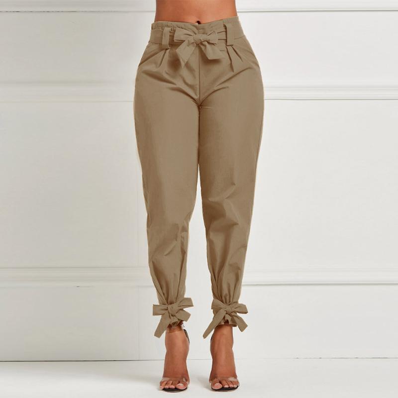 

Women's Pants & Capris Women Waist Ruffle Bow Tie Ladies Solid Color Casual Work Bottom Elastic Trousers Female, Apricot