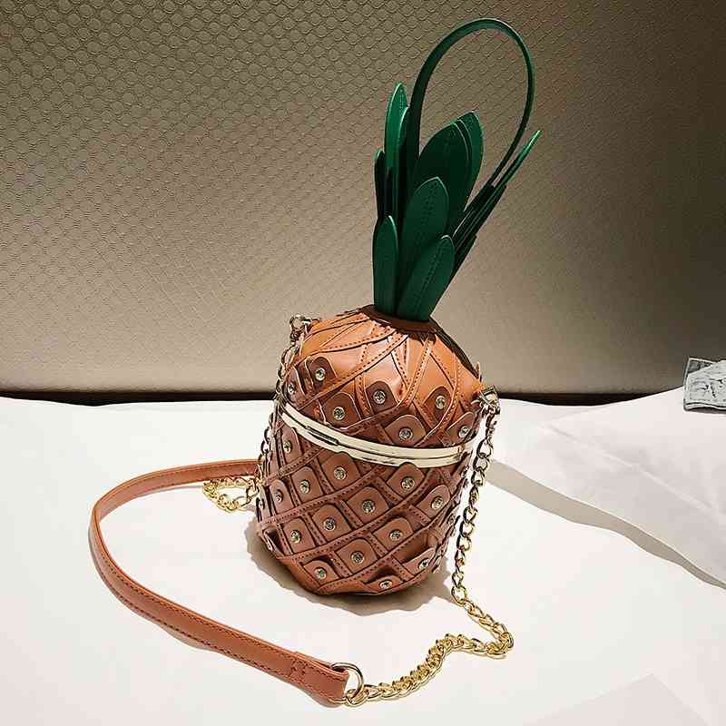 

Fashion new personalized pineapple shape Bag Mini lock chain rivet splicing messenger women's bag, Yellow brown