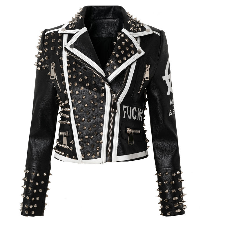 

women's leather & faux women's leather jacket, graphite style, false biker's with a rivet pattern, jacket short spcz, Black