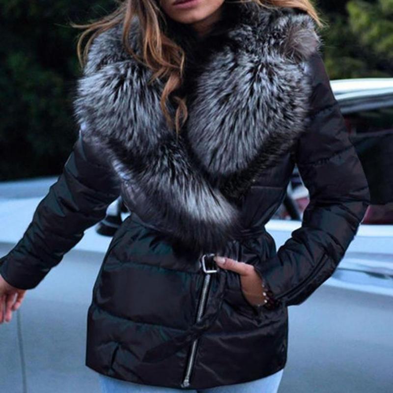 

Women's Trench Coats 2022 Winter Women Slash Zipper Belt Bright Surface Jacket Faux Fur Collar Puffer For Fall, Tan;black