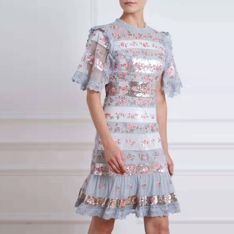 

Water-Soluble Lace Stitching Mesh Embroidery Flowers Short-Sleeved Sequins Boho Party Slim Dress Spring Summer New Women, Black;gray