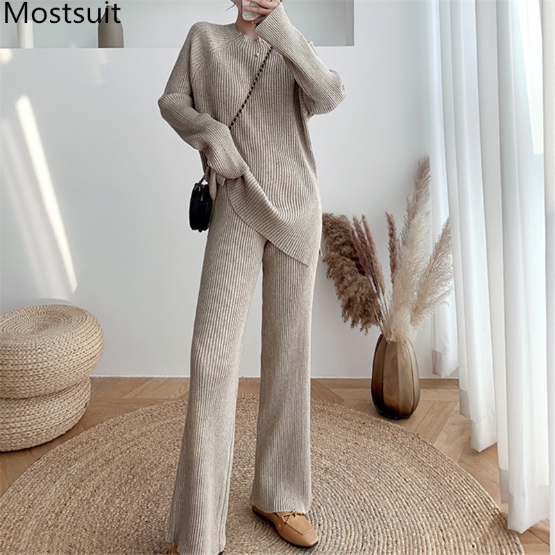 

Solid Fashion Knitted Two Piece Pants Sets Women Long Sleeve Sweater + Wide Leg Suits Korean Casual Elegant Female 210518, Blue