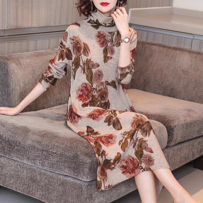 

Casual Dresses Winter Fall Vintage Womens Turtleneck Printed Floral Knitted Sweater Dress , Women Elegant Pullover Sweaters, As pic