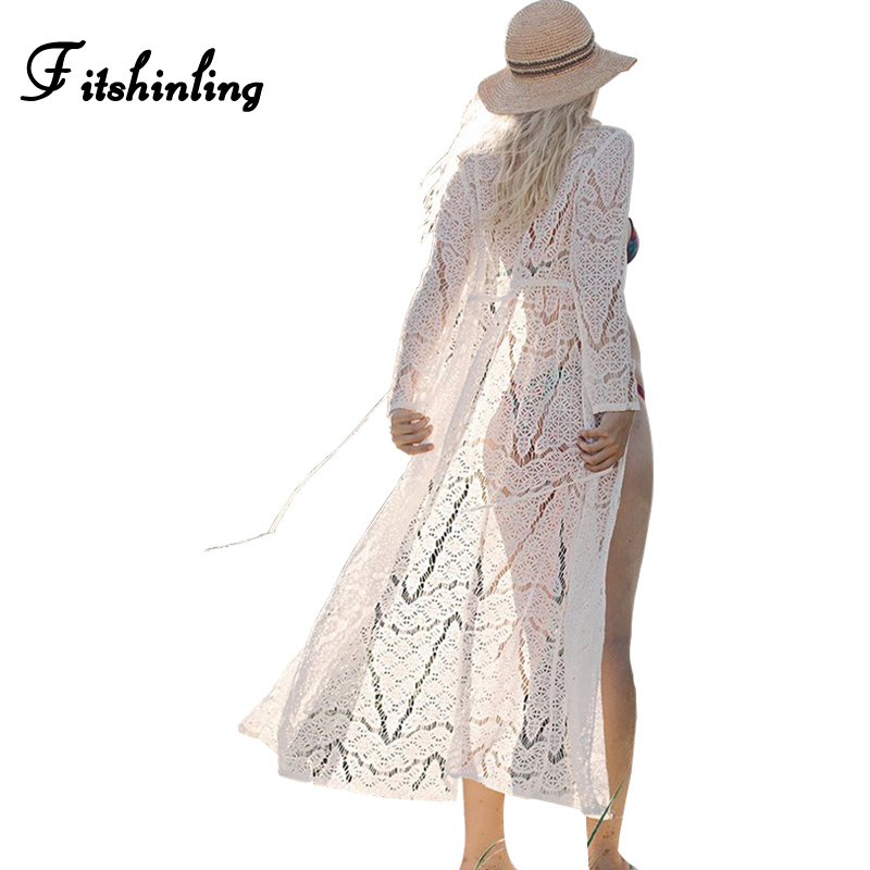 

Fitshinling Bohemian Lace Long Beach Cover Up Hollow Out Swimsuit Output Strappy White Cardigan Blouse Long Sleeve Cover-Ups