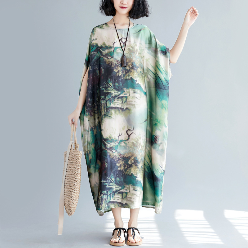 

Johnature Women Chinese Style Dresses Plus Size Summer Clothing O-Neck Bat Sleeve Vintage Women Dresses 210521, Green