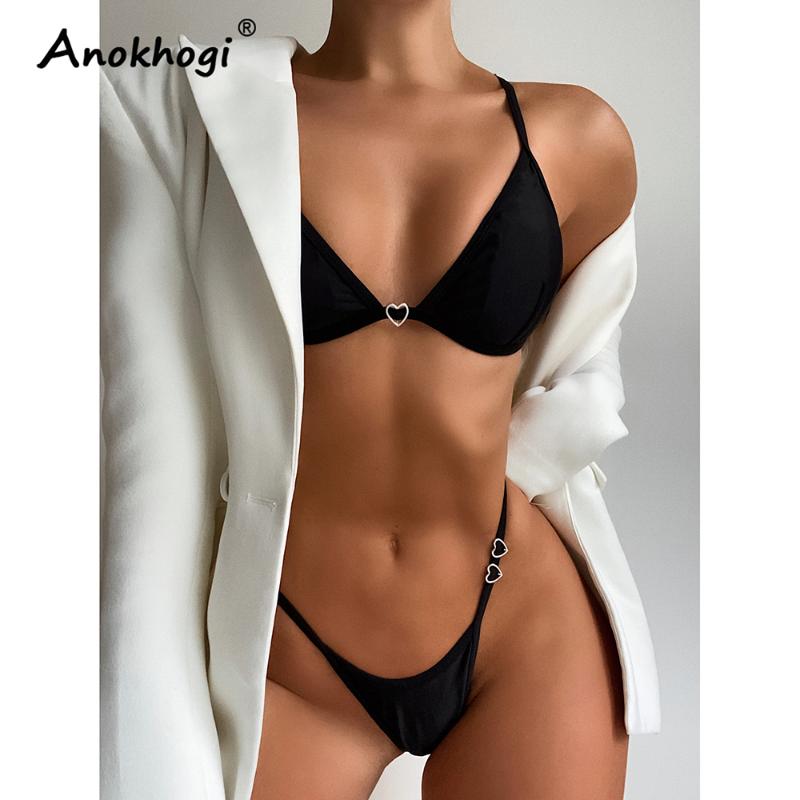 

Women' Swimwear Black Simple Style Heart Ring Decoration Women Bikini Sets LM127
