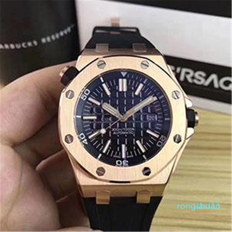 

Top Selling Watch Men Black Dial Rubber Band Gold Stainless Steel Automatic Mechanical Men Mens Watch Watches, Slivery;brown