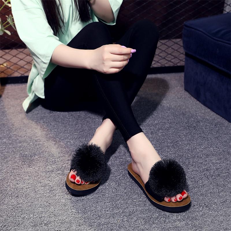 

Slippers Women Summer Harajuku Style Tassel Ball Decoration 2021 Fashionable And Comfortable Flat Sandals Sandales Femmes Été, Black