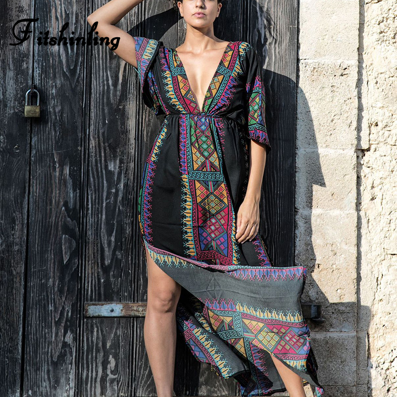 

Fitshinling Ethnic vintage print maxi dress holiday 2021 v ne slit sexy long dress women boho baless bla pareos tunic hot