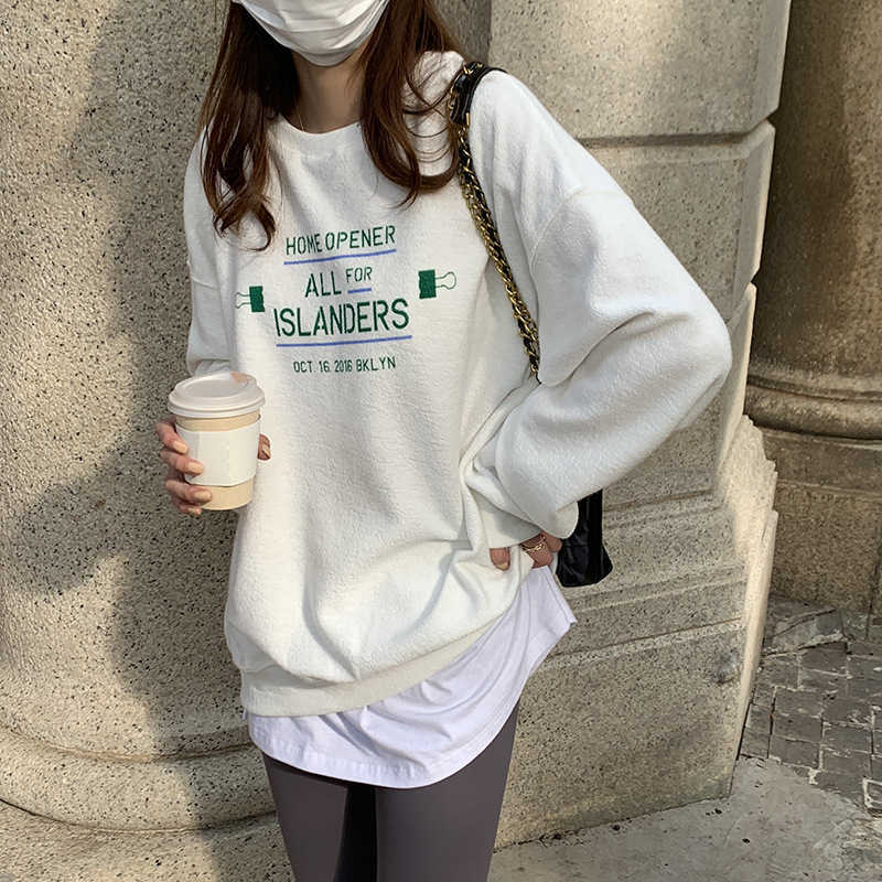 

HXJJP Letter Printed O-Neck Oversized Sweatshirts Women's Spring Autumn Korean Loose Casual Long-sleeved Pullovers 210607, White