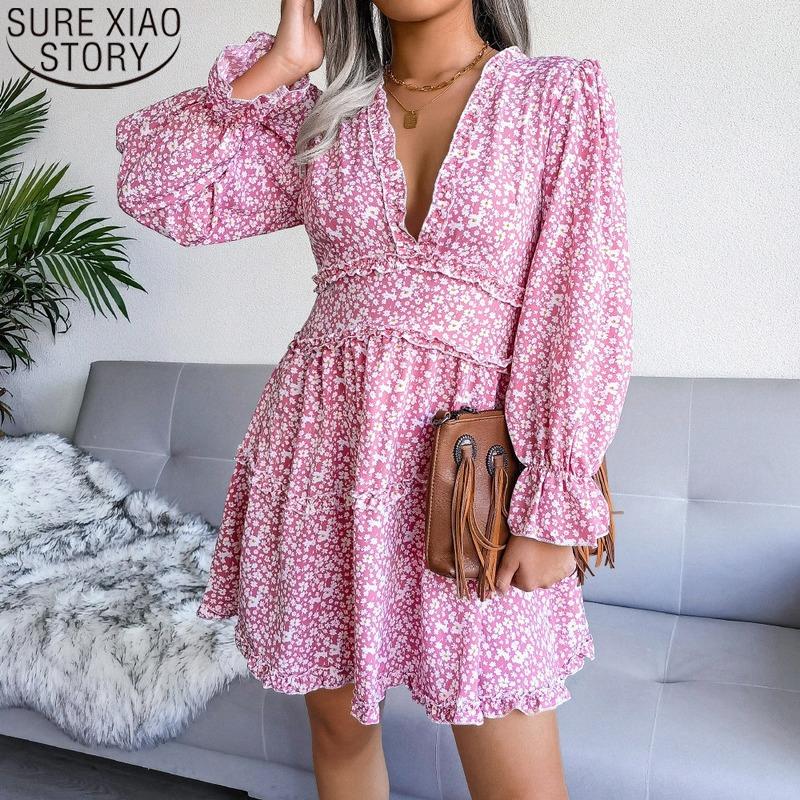 

Casual Dresses Women Floral Mini Dress Spring Autumn 2022 Sexy V-neck Long Sleeve Chiffon A-line Vestido Feminino 18106, Black;gray