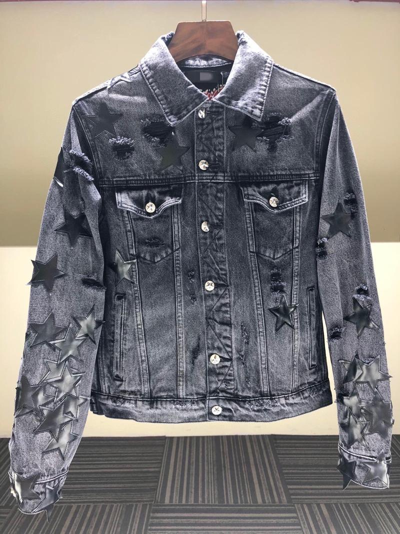 

Men' Jackets Quality Correct High Edition Pentagram Patchwork Genuine Leather Denim Heavy Duty Washed Hole Jacket, Black