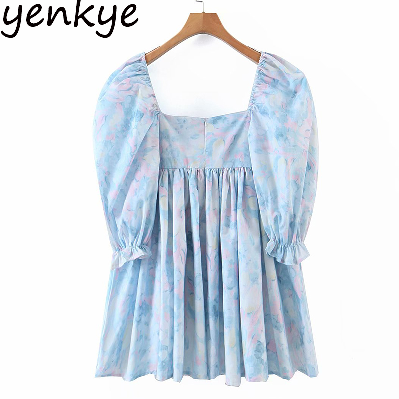 

2021elegant women floral print party dress puff sleeve a-line mini square neck dress spring autumn short vestido, Black;gray